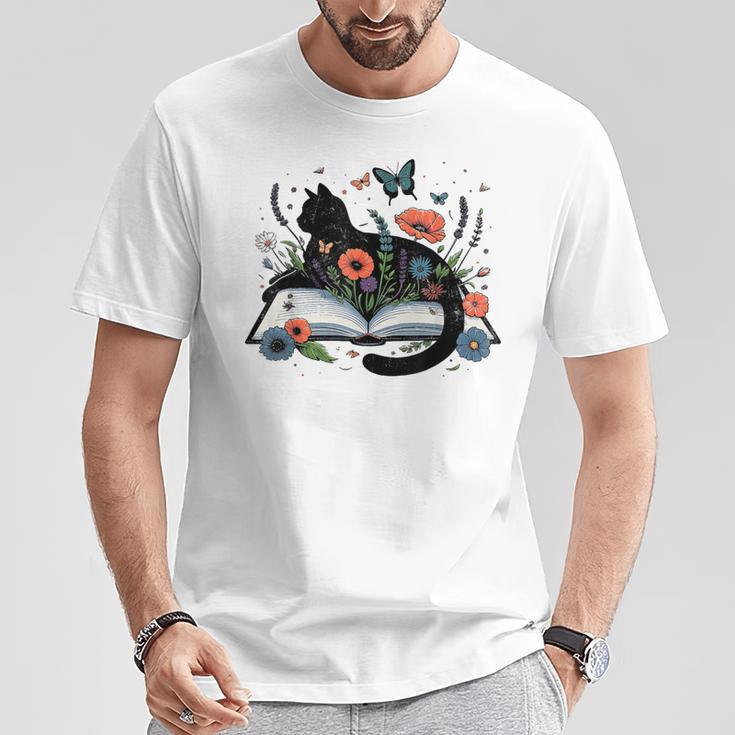 Retro Cute Cat Floral Book Librarian Vintage Floral Cat Book T-Shirt Unique Gifts