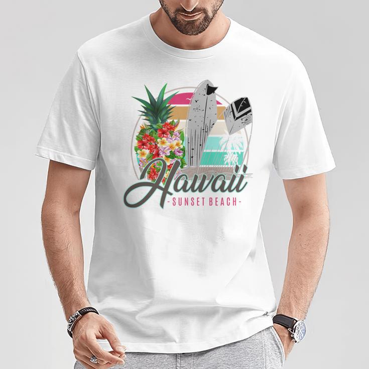 Sunset Beach Hawaii、サーフィンサーフボードレトロ、バックプリント 長袖tシャツ Tシャツ 面白い贈り物