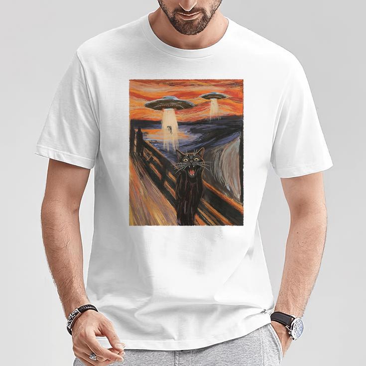 Ufo エイリアン 楽しい 絶叫 猫 アート パロディ Tシャツ 面白い贈り物