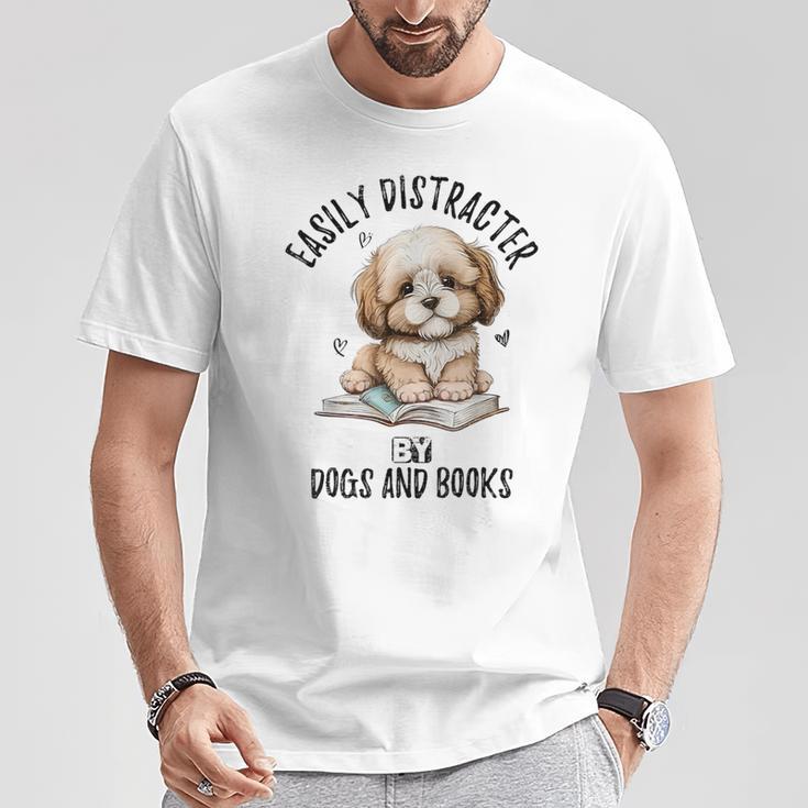 Vintage Easily Distracted By Dogs And Books Puppy Art Lover T-Shirt Unique Gifts