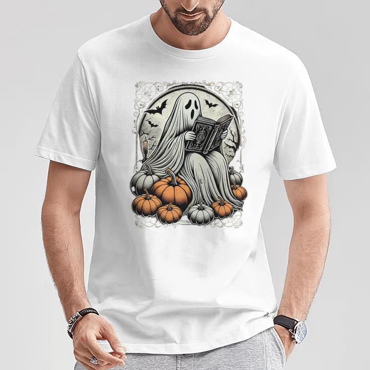 Vintage Ghost Reading Book Pumpkins Goth Halloween Teachers T-Shirt Unique Gifts