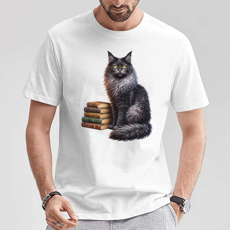 Women's Smokey Maine Coon Cat Book Lover T-Shirt Unique Gifts