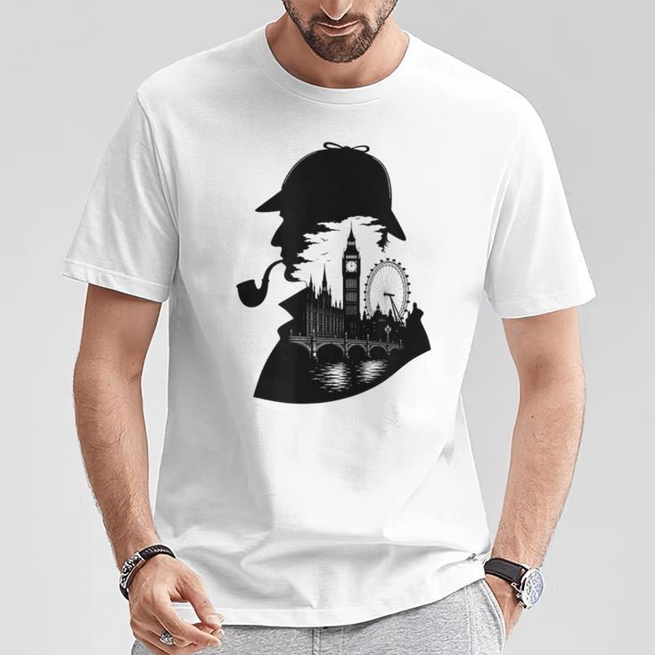 シャーロックホームズ&ロンドンのスカイラインシルエットギフト Tシャツ 面白い贈り物