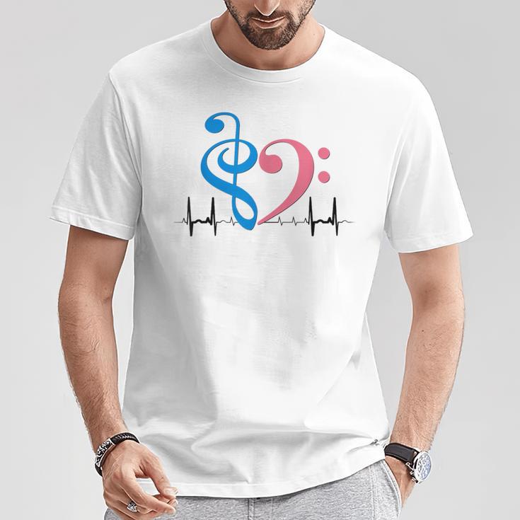 ツートーン 低音記号 ハート Ekg ウェーブ シアン&バブルガム ピンク Tシャツ 面白い贈り物