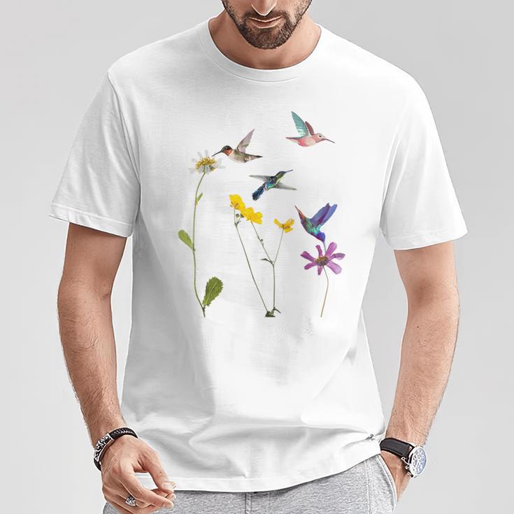 ハチドリと花のtシャツ Tシャツ 面白い贈り物