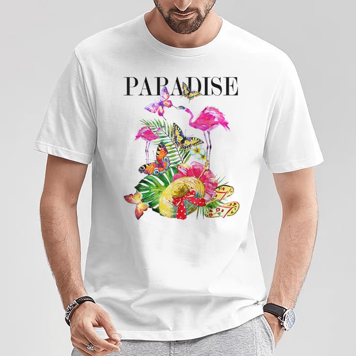 ハワイアンフラワー パラダイス 蝶 ハワイ プリント Tシャツ 面白い贈り物