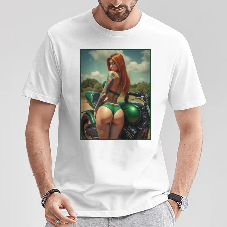 バックプリントtシャツ セクシーな赤毛ピンナップガール&バイク Tシャツ 面白い贈り物