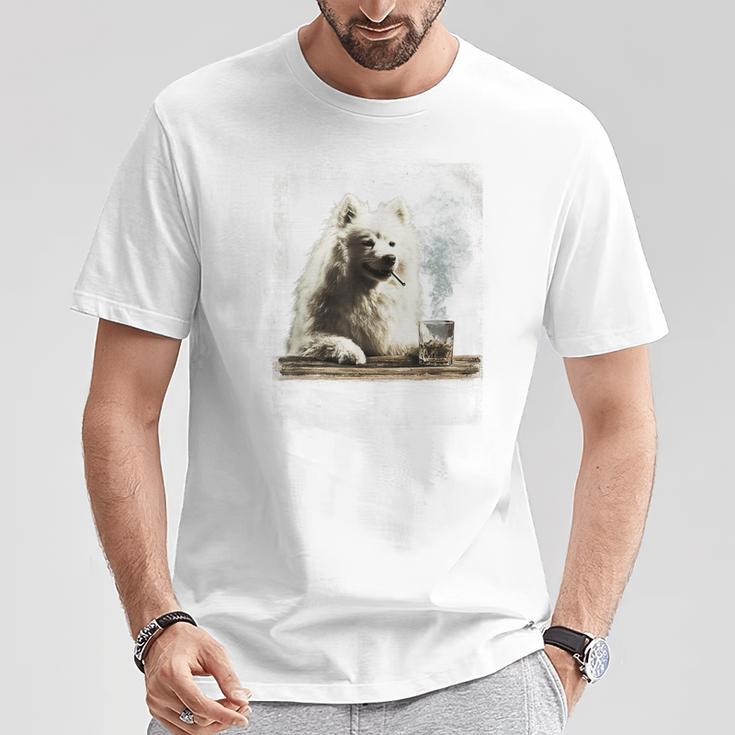 ビンテージ 喫煙 アメリカン エスキモー面白犬 父の日 Tシャツ 面白い贈り物