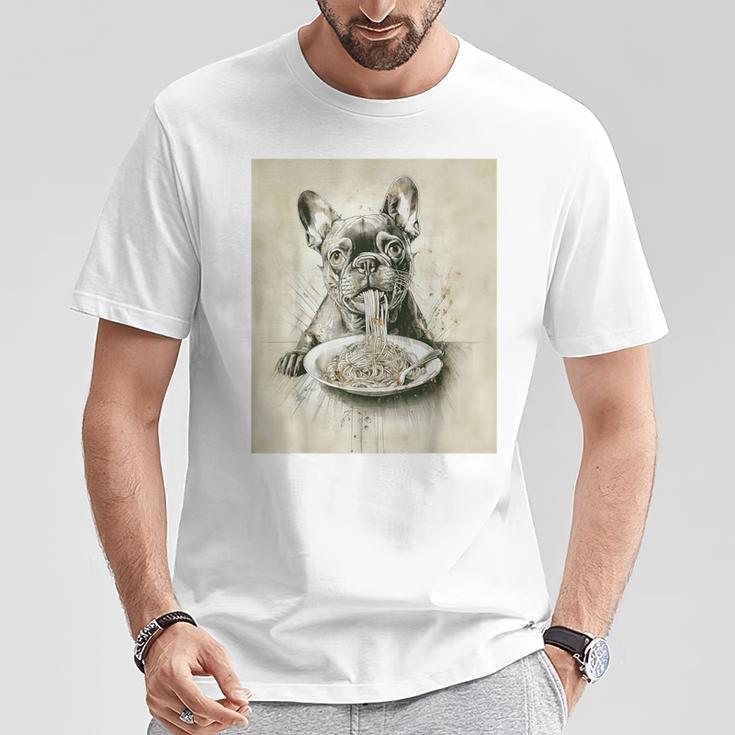 フレンチブルドッグ スパゲッティ モノクロ アート ブラック ホワイト ドッグ Tシャツ 面白い贈り物