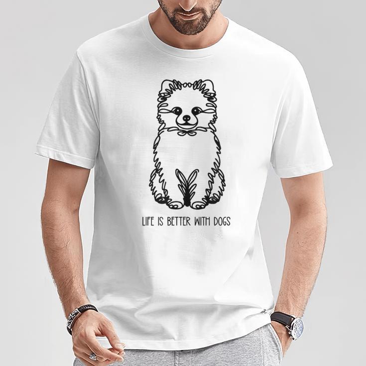 ポメプー シルエット ラインアート 犬がいると人生はもっと楽しい デザイン Tシャツ 面白い贈り物