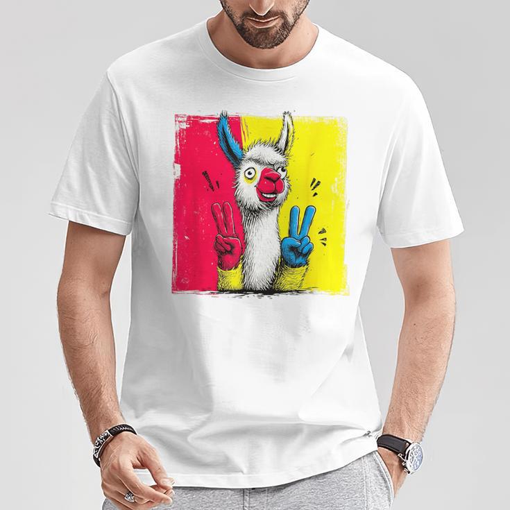 ラマ ダブルピース レトロ ポップ キャラクター グラフィック サイン ジェスチャー Tシャツ 面白い贈り物