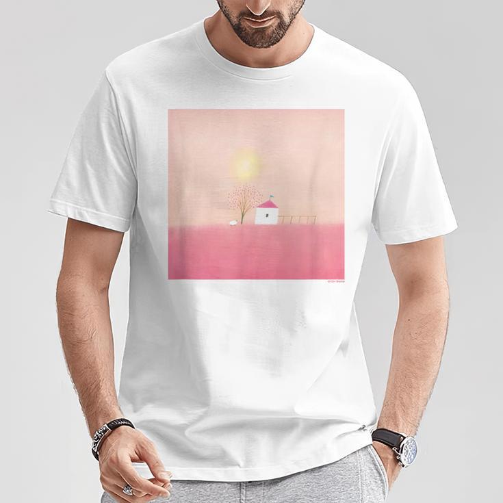 詩とメルヘン 葉祥明 ピンク屋根のぼくの家 Tシャツ 面白い贈り物