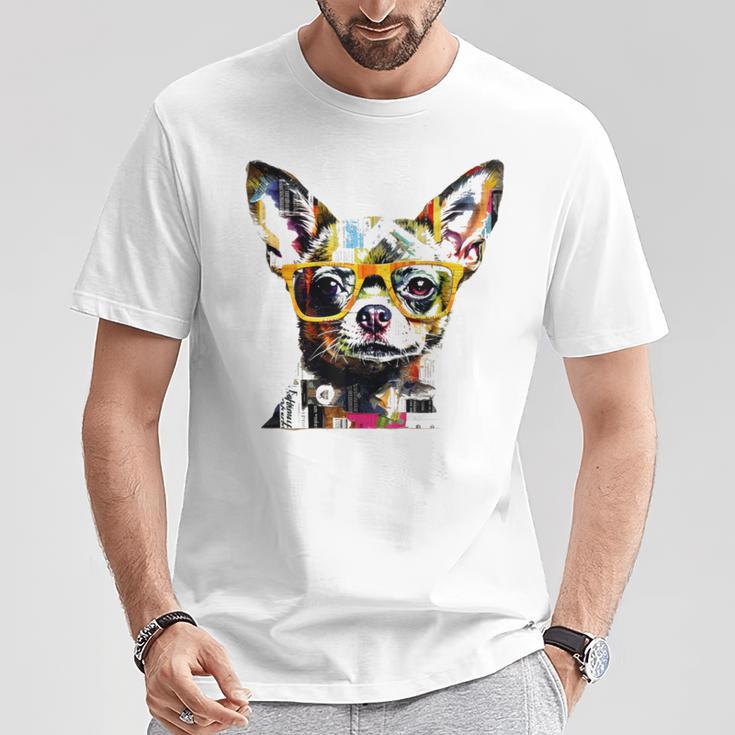 黄色のメガネを着たチワワ 明るい色 Tシャツ 面白い贈り物