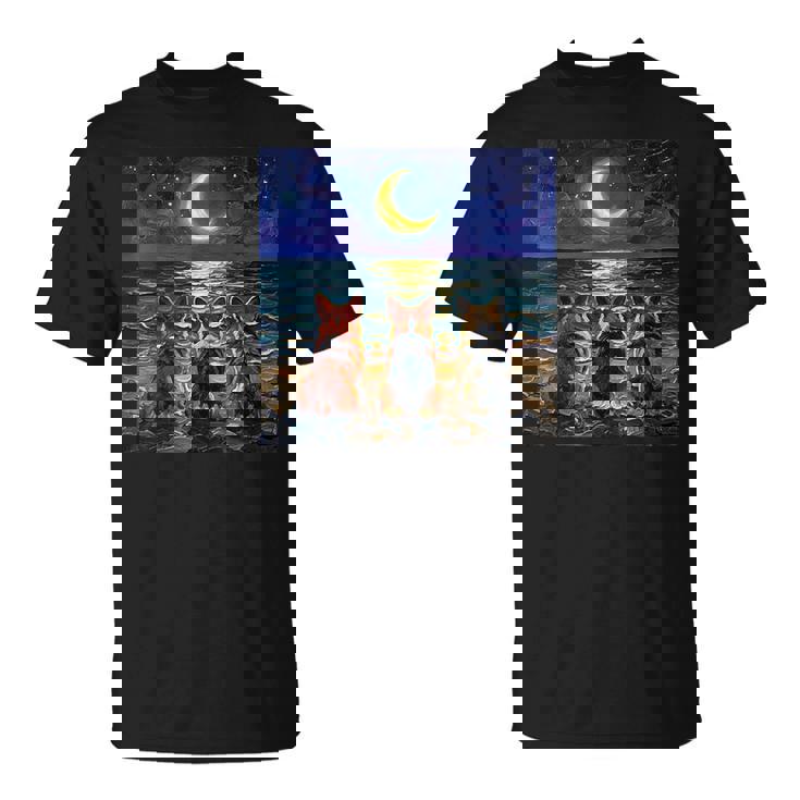 3 コーギーの夜のビーチかわいい犬と三日月のアートワーク Tシャツ