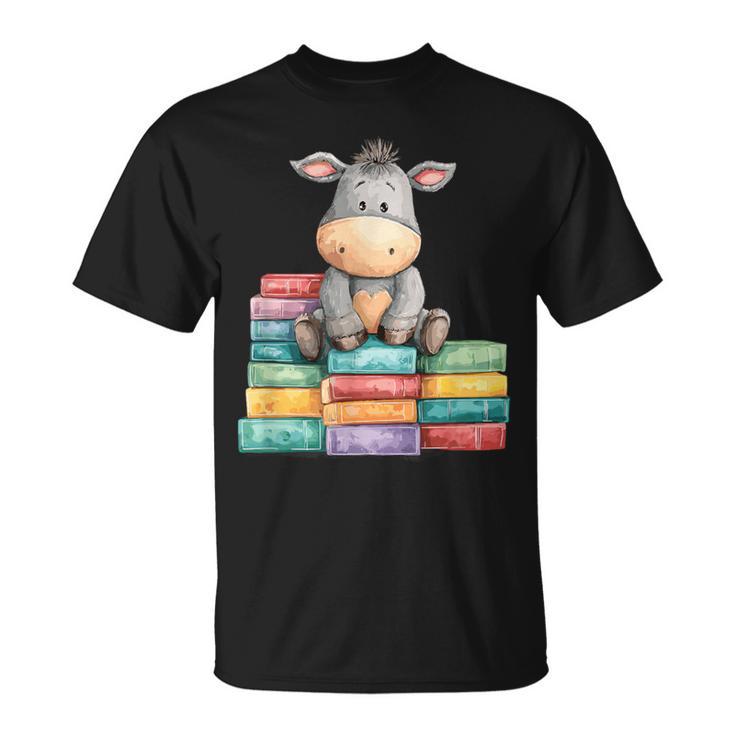 Adorable Donkey With Heart Sitting On Colorful Book Stack T-Shirt
