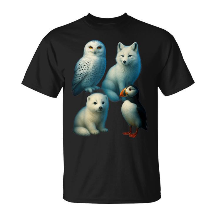 Arctic Animals コラージュ シロフクロウ キツネアザラシ ツノメ Tシャツ