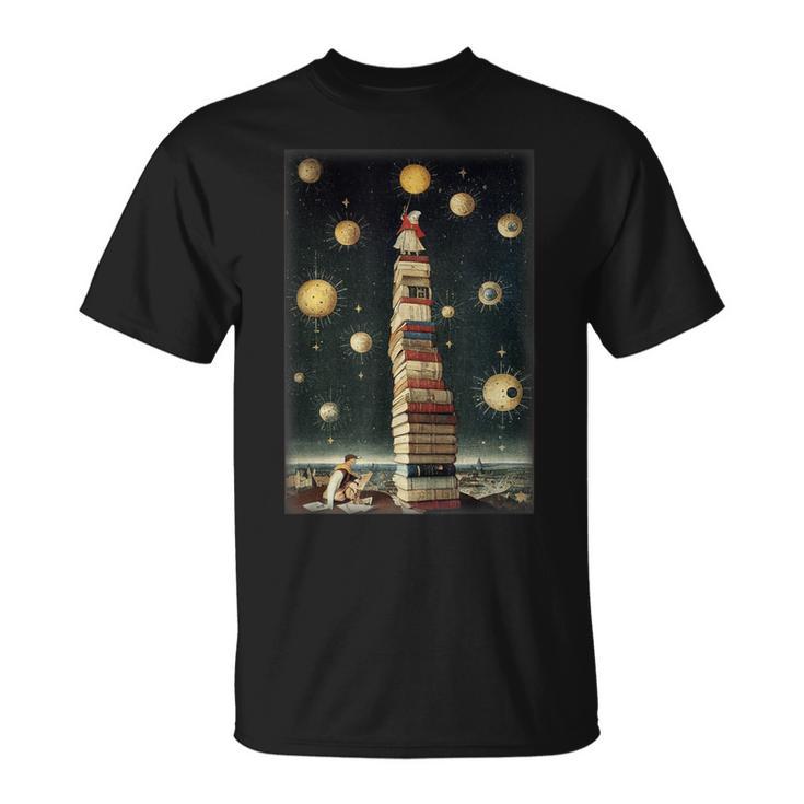 Astrologist Sitting On The Tower Of Stacked Up Books Starry T-Shirt