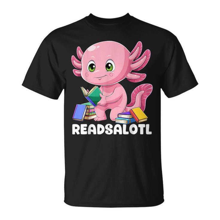 Axolotl Reading Book Readsalotl Kawaii Axolotl Book Bookworm T-Shirt