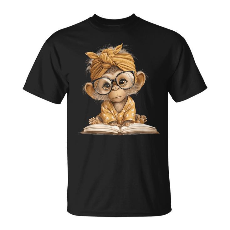 Baby Monkey Open Book Reading Animal Lover Graphic Portrait T-Shirt