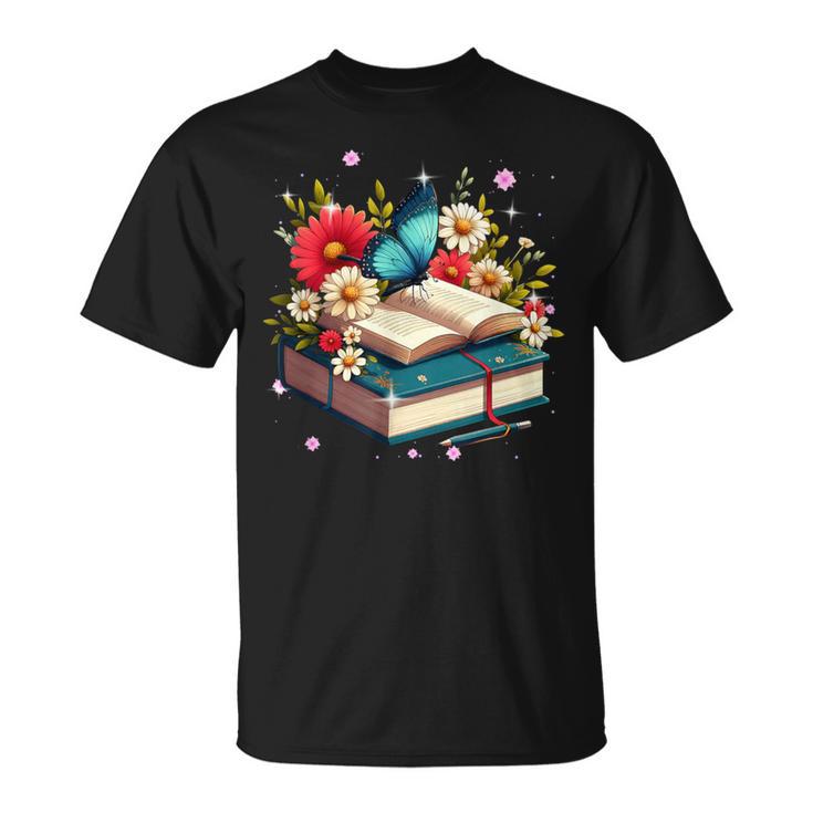 Book Flowers And Butterfly Beautiful Reading Reader T-Shirt