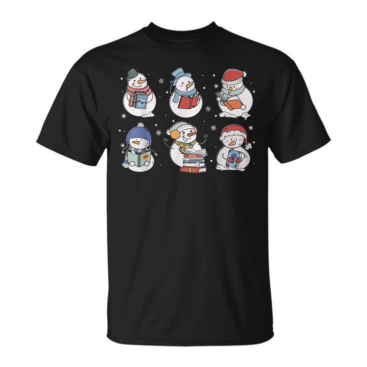Book Lover Teacher Snowman Reading Books Christmas Winter T-Shirt
