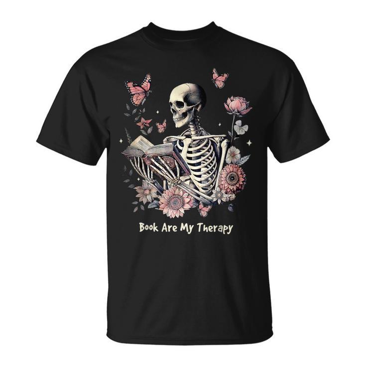 Book Are My Therapy Skeleton Book Reading Floral Butterfly T-Shirt