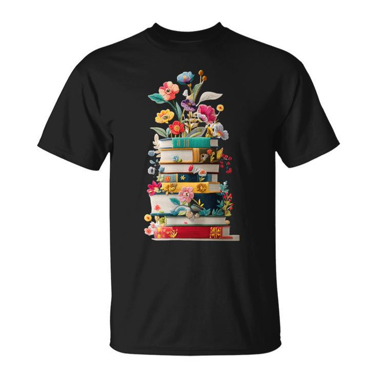 Book Stack With Flowers Reading Lover Bookish T-Shirt