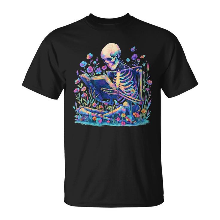Bookish Skeleton Reading In Wildflowers Book Lover Bookworm T-Shirt