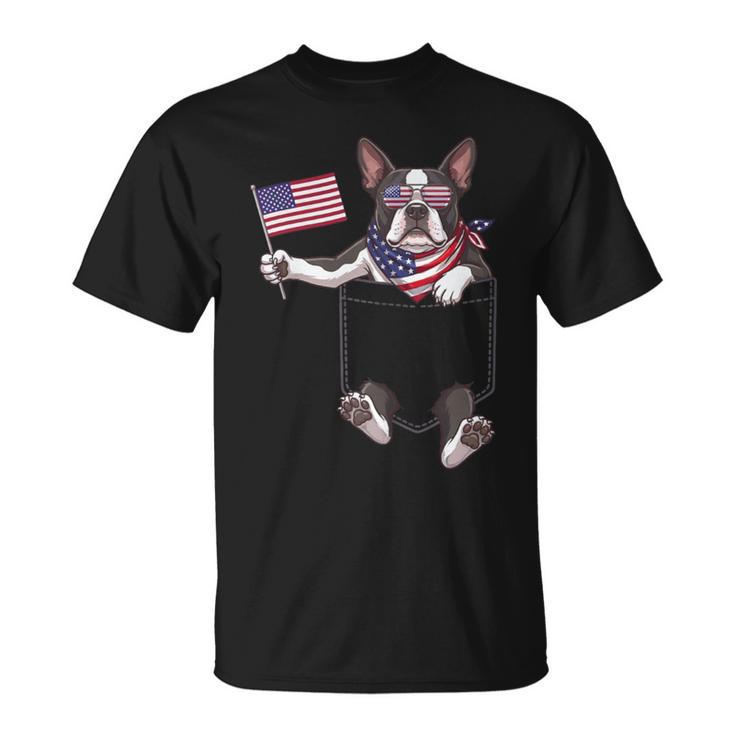 Boston Terrier Dog Pocket American Flag 4Th Of July Usa T-Shirt