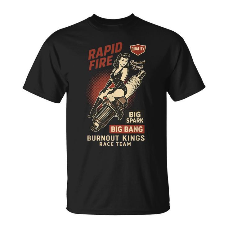 Burnout Kings レトロレーシングスパークプラグガールピンナップ ヴィンテージデザイン Tシャツ