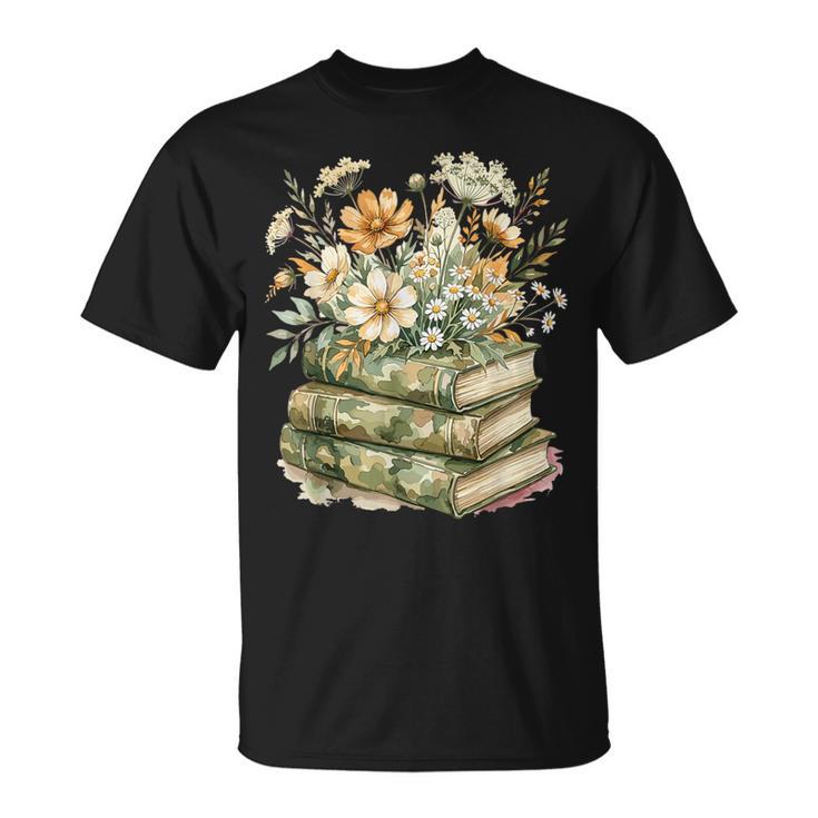 Camo Floral Books Wildflower Botanical Reading Lover T-Shirt