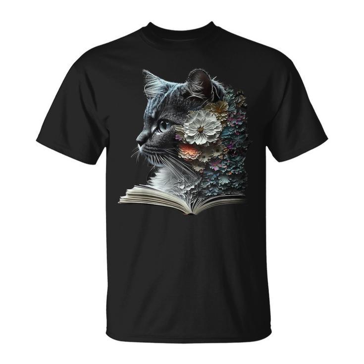 Cat Art Book Cat Motif Flowers Cat T-Shirt