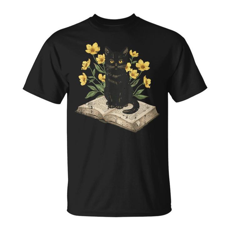 Cat On Book Flowers Cute Kitten Kitty Women Girls Kids T-Shirt