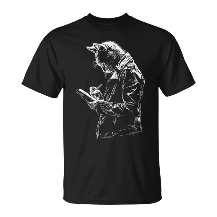 Cat Holds Book Writing Animal Print Motif Drawing Art Cat T-Shirt