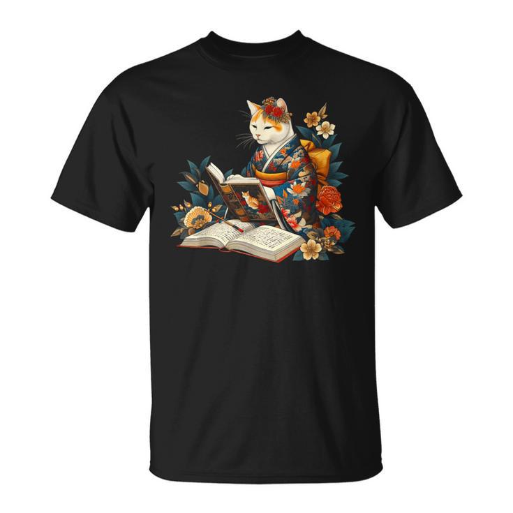 Cat Reading A Book In Traditional Japanese Clothing Kimono T-Shirt