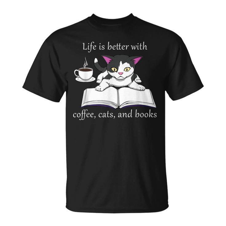 Cat Reads a Book Reading Coffee T-Shirt