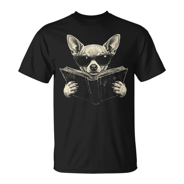 Chihuahua Reading Book Sunglasses Vintage Graphic T-Shirt