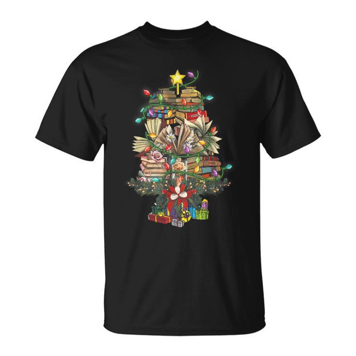 Christmas Tree Library Xmas Lights Tree Book Lover Librarian T-Shirt