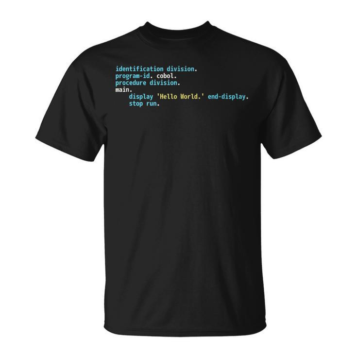 Código Cobol Hello World Diseño De Esquema Deintaxis Oscura Camiseta unisex