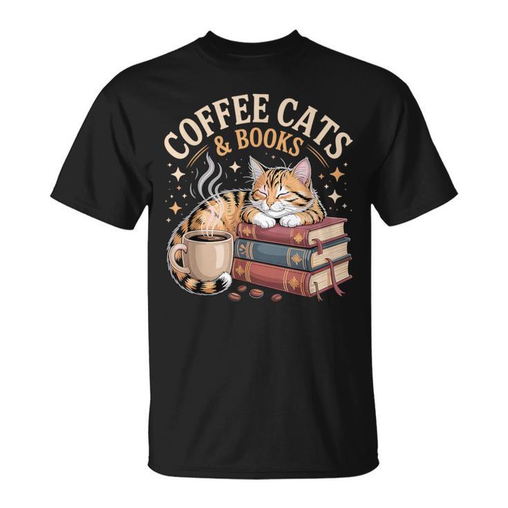 Cozy Reading Cat Coffee And Books Lover Artwork T-Shirt