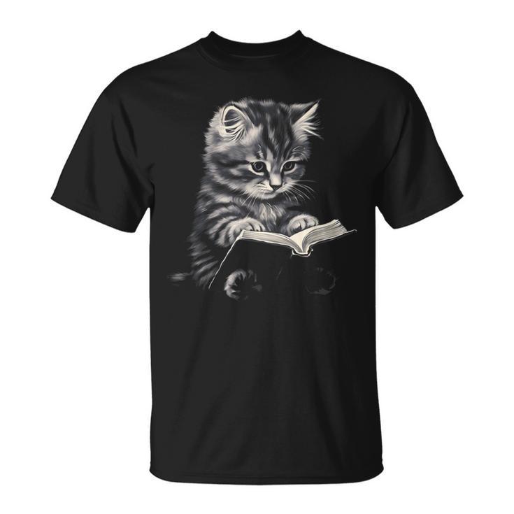 Cute Cat Reading Book Teacher Librarian Cat Lover Book Club Men Women Kids T-Shirt