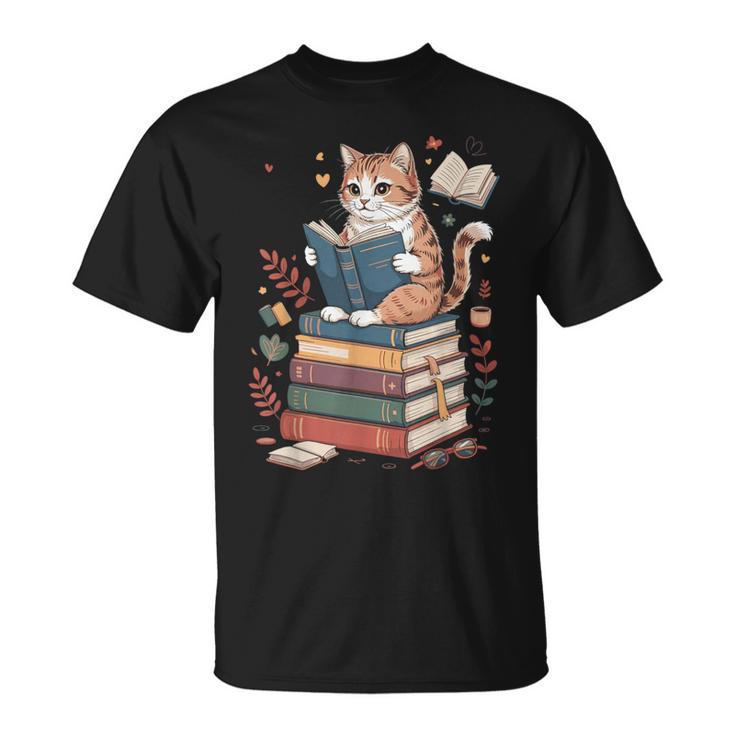 Cute Cat Reading Books With Tea T-Shirt
