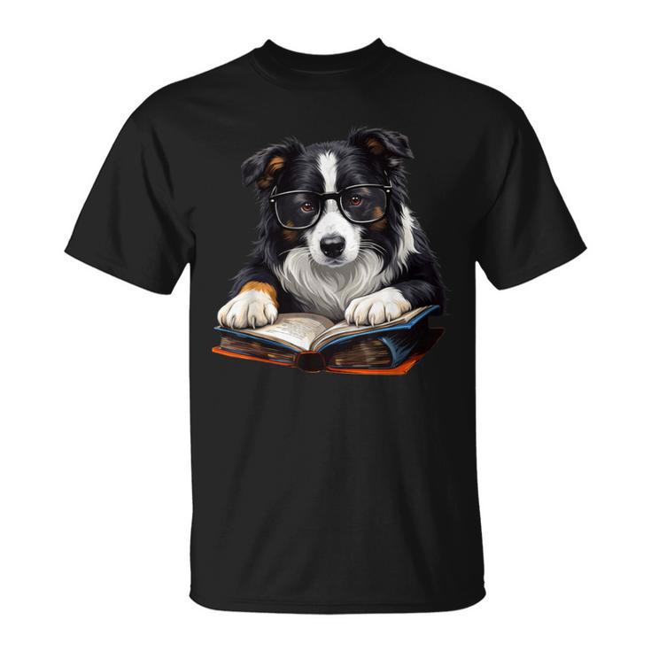 Cute Dog Border Collie Reading Book T-Shirt