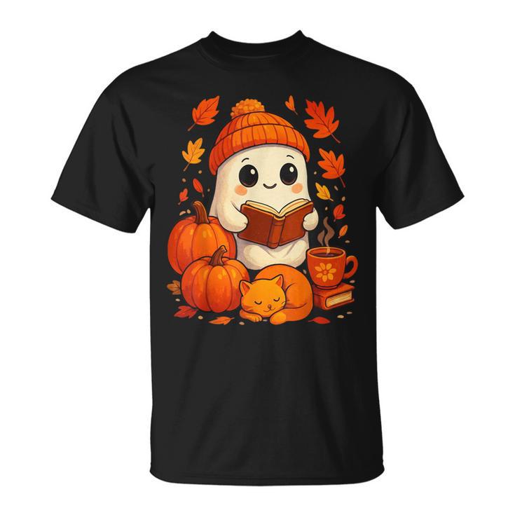 Cute Ghost Reading Book Autumn Pumpkins Cat Coffee Halloween T-Shirt