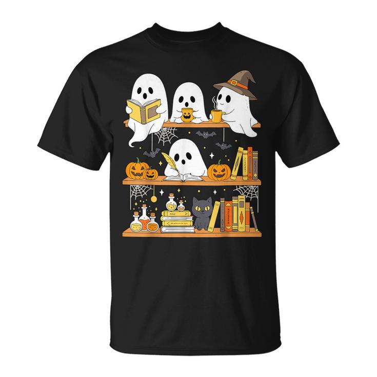 Cute Halloween Ghost Bookshelf Cat Book Lover T-Shirt