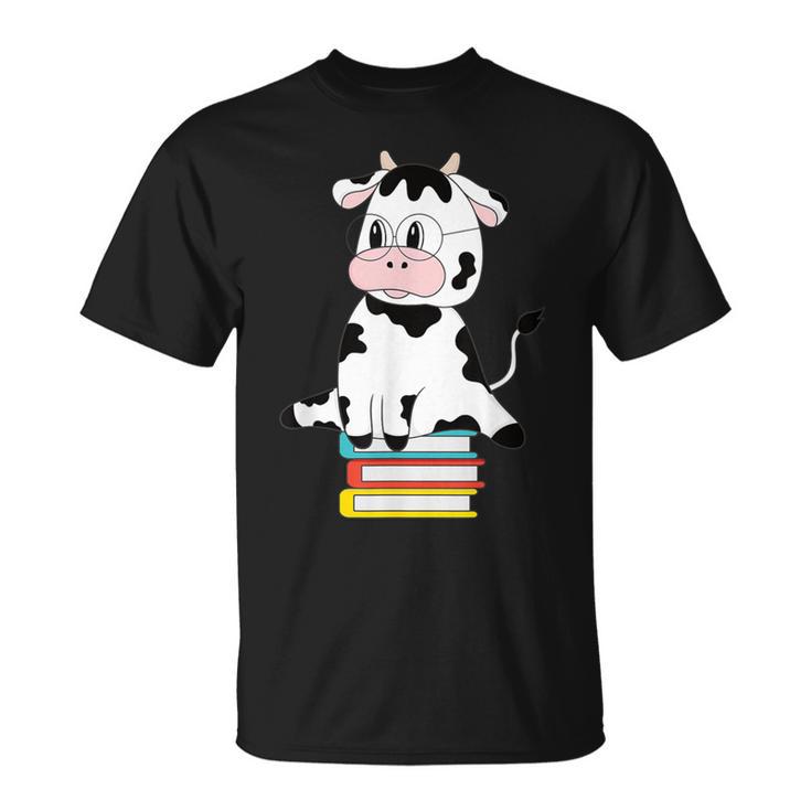 Cute Kawaii Cow Book Reading Bookworm Boys Girls Kids T-Shirt