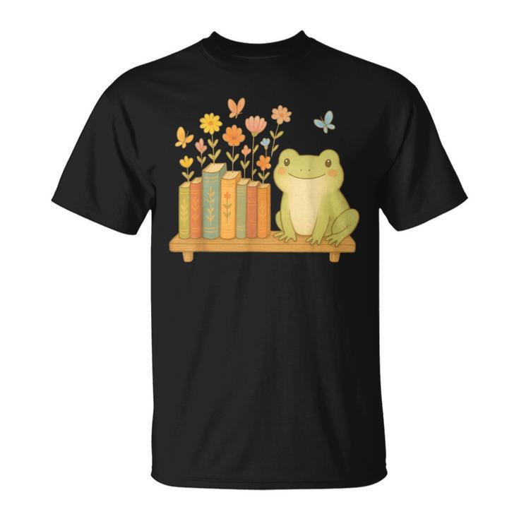 Cute Kawaii Frog Books Flowers T-Shirt