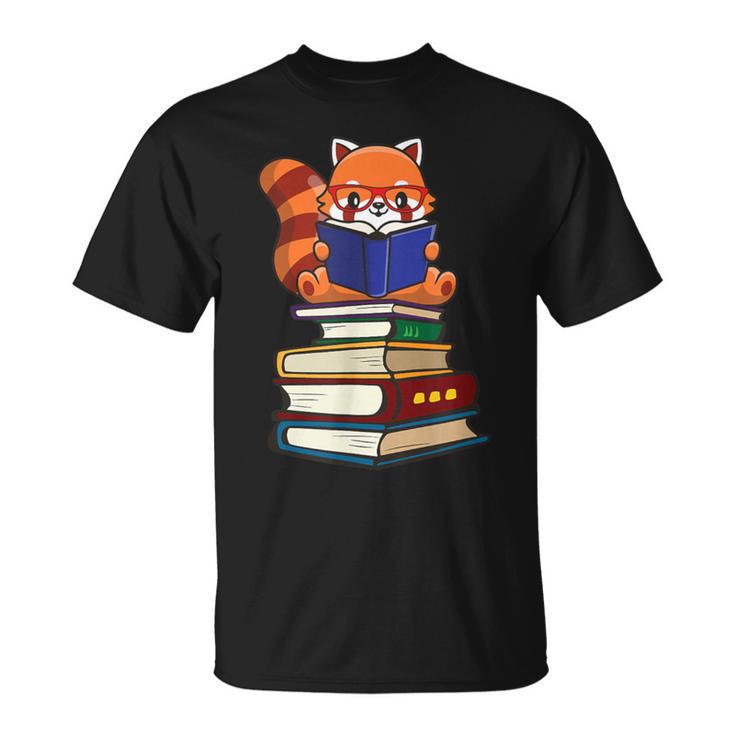 Cute Kawaii Kids Reading Books Glasses Red Panda Lover T-Shirt