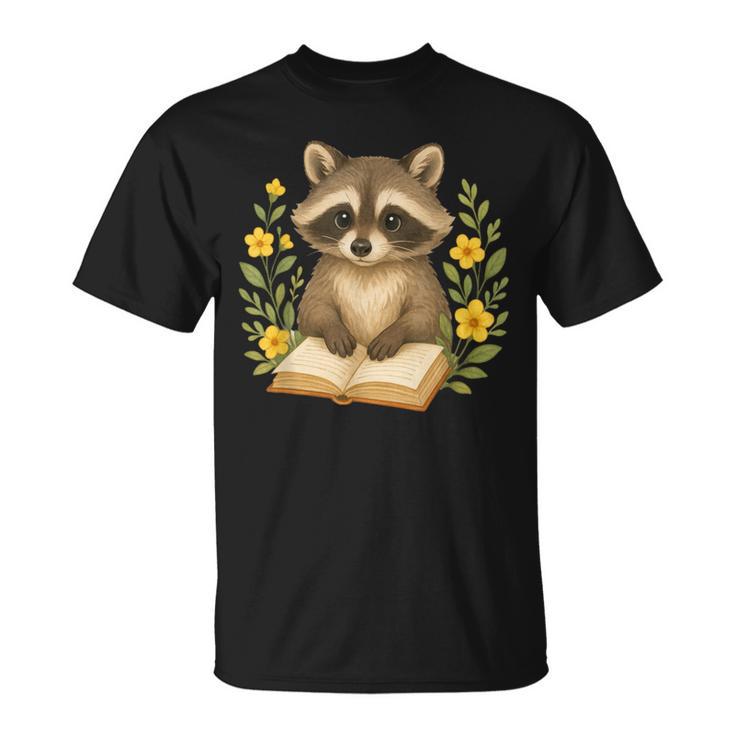 Cute Raccoon Reading Book Flowers Floral T-Shirt