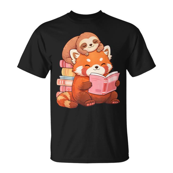 Cute Red Panda Reading Book Sloth Kawaii Animal T-Shirt